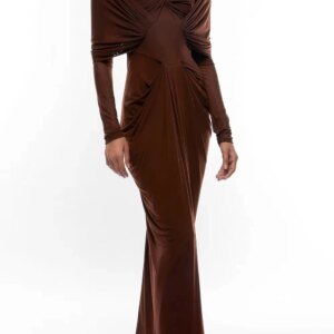 Customized Modern Brown Chiffon Draped Evening Dresses Formal High Neckline Floor Length Straight Sweep Train Long Sleeves Gowns