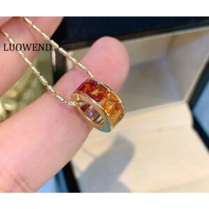 LUOWEND 100% 18K Yellow Gold Necklace Romantic Rainbow Style Natural Color Sapphire Pendant Necklace for Women Wedding Jewelry
