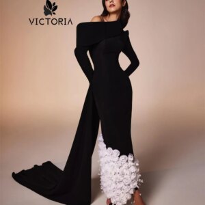 Elegant Black One Shoulder Evening Dresses Long Sleeves Tulle Feather Flower Train Wedding Dresses For Saudi Dubai Customized