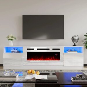 LED Light Entertainment Center w/36″ Electric Fireplace, 70″ Modern Wood Entertainment Stand w/ Highlight Storage Cabinet ,White