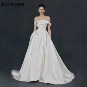 Customized Off The Shoulder Boat Neck A-Line Evening Dresses For Women Sweep Train 2025 Wedding Dresses For Formal Occasions