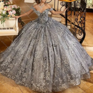 Luxury Gray Sparkly Crystal Sequined Evening Dresses Chic Off The Shoulder Lace Sweet Appliques Ball Gown Formal Party Wear