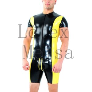 Latex zentai short sleeve catsuit male’s zentai attached cod piece andwith front zip to ass main in black with yellow trim color