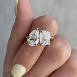 2CT E VS1 Pear + 1.5CT D VS1 Emerald 14K Yellow Gold CVD HPHT Lab Grown Diamond Engagement Wedding Ring With IGI certificate