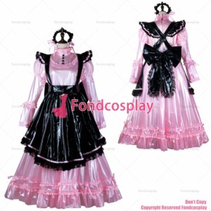 fondcosplay adult sexy cross dressing sissy maid long pink clear pvc dress lockable Uniform black apron CD/TV[G2352]