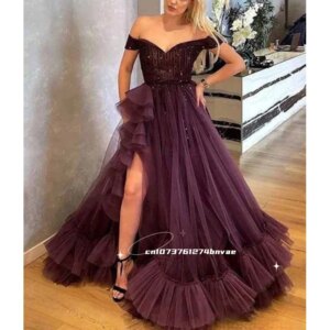 Side Slit Burgundy Prom Dress Off-Shoulder A-Line Tulle Special occasion Gown Sequins Ruffles Long Evening Dress Customized
