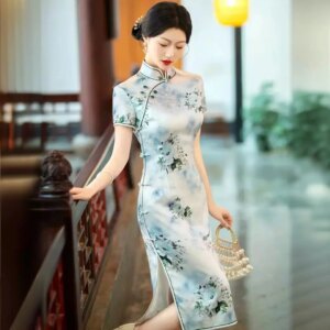 High-End Quality Real Silk Cheongsam Qipao Women’s 2024 Summer Short Sleeve Retro Improved Dress Chinese Chi-Pao