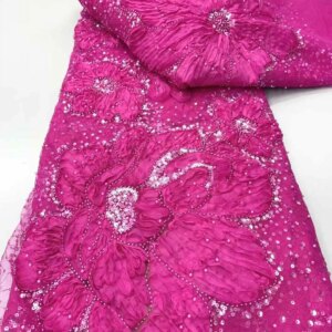 Mccarthy 2025 Fashion French Mesh 3D Flowers Embroidery Bead Lace Fabric With Sequins African Nigerian Fabric For Wedding Dress