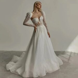Fashion Sweetheart A-Line Wedding Dress Puff Sleeves Beaded Sequins Sweep Train Bride Bridal Dress Vestido De Novia Customed