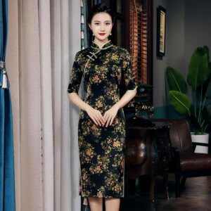 Spring New High Quality Real Silk Printed Improved plus Size Cheongsam Qipao Women’s Dress