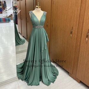 Prom Party Dresses V-Neck Taffeta With Beading Ball Gown A-Line Floor Sleeveless Evening Dress Customized Vestidos De Fiesta