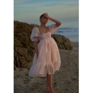 Elegant Pink Women Prom Dresses Square Collar Short Sleeves A-Line Tea Length Pretty Elegant Smart Causal Female Party Gowns