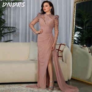 Romantic Orange Mermaid Wedding Party Dress Formal Beaded Long Sleeve Arabic Dubai Women Prom Dresses Customized Evening Gown