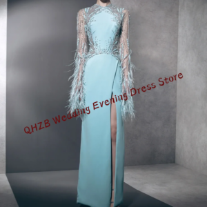 Elegant Appliquins Feather Side Split Straight Mother Of Wedding Dresses Bridal Gowns Customized