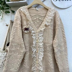 Sweet Lace Knitting Hollow Out Cardigan Coat Women Autumn Winter Japan Mori Girl V-Neck Single Breasted Long Sleeve Sweater