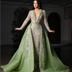 Elegant Pearls Evening Dresses Mexico Amercia Long Sleeves Party Prom Dress Detachable Train Custom Made Beaded Banquet Gowns