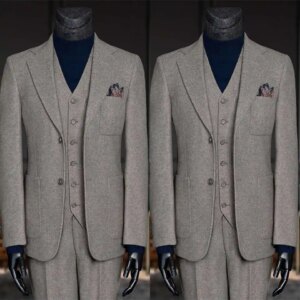 Men’s Gray Tweed Jacket Pant Suits Slim Fit 3 Pieces Notched Lapel Wedding Tuxedos Winter Custom Made Formal Wear