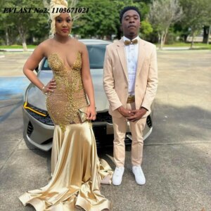 EVLAST Customized Gold Sequins Mermaid Prom Dress Black Girls Crystal Beaded African Birthday Party Gown Evening Dress E2P492