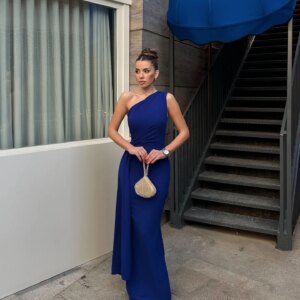 Customized Fashion One Shoulder Jersey Evening Dresses Temperament Panel Train Pleats Blue Vestido De Festa Vestido De