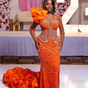 Orange Mermaid Prom Dresses Long Train African Evening Gowns Full Sleeve Crystals Beaded Party Second Reception Birthday Dress