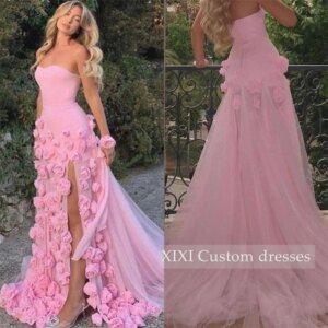 XIXI Customized Evening Dresses A-Line Split Hand-Made Flowers Prom Dresses Chiffon Floor-Length Lining Women’S Evening Dress