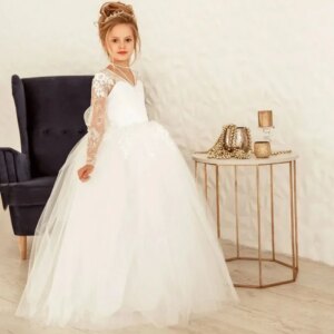 Customized Flower Girl Dresses White Lace Floral Appliques With Bow Long Sleeve For Wedding Birthday Party Holy Communion Gowns