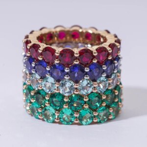 Fashion Jewelry 4.0mm Round Shape Emerald Gemstones 14k Yellow Gold Eternity Ring