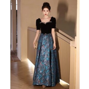 Black Square Collar Evening Dress Short Sleeve Fluffy Skirt 2025 New Birthday Party Fashion Velvet Formal Dress Women Elegant