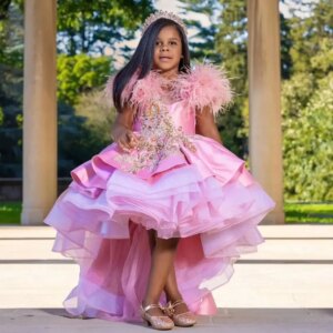 Pink Feather Flower Girl Dress for Wedding Customized Princess High Low Baby First Communion Dress Kids Birthday Party Gowns