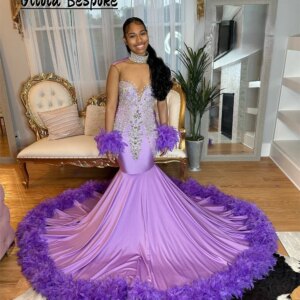 Attractive Purple Mermaid Prom Dresses Luxury Black Girls 2025 Feather Beaded Rhinestones Long Sleeves Birthday Dress Customized