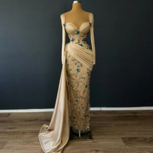 Champagne Elegant Sweetheart Mermaid Long Prom Dress Long Sleeve Formal Evening Dress Side Train Birthday Party Dress Customized