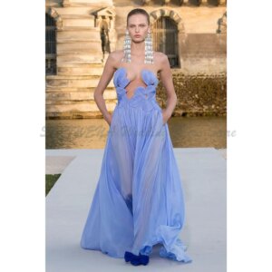 Simple Evening Dresses Strapless Sleeveless A Line High Quality Floor Length Blue Banquet Celebrity Female Gowns Classic