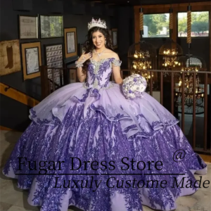 Luxuly Purple Fashion Quinceanera Shiny Dresses 2024 Lace Appliques Beads Mexican Sweet 16 Ball Gown Vestidos Butantes 15 Anos