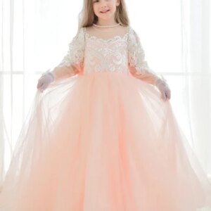 Flower Girl Dresses Birthday Party Holy Communion Gowns Pink Tulle White Appliques With Trailing And Bow Long Sleeve For Wedding