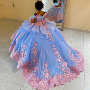 Blue Flower Girl Dresses For Wedding Princess Ball Gown Lace Appliques Off Shoulder V-Neck kids First Communion Gown Customized