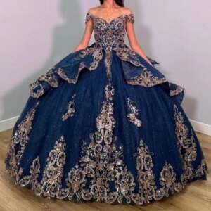 Navy Blue Shiny Quinceanera Dresses Off The Shoulder Gold Appliques Lace Beads Tull Lace-Up Corset Party Birthday Sweet 16