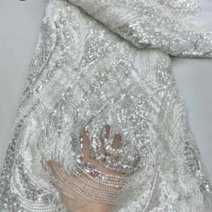 White Elegant Nigerian Lace Sequin Fabric Fashion Women African Full Lace Luxury Hand-Beaded Fabric Wedding Dress 5 Yards