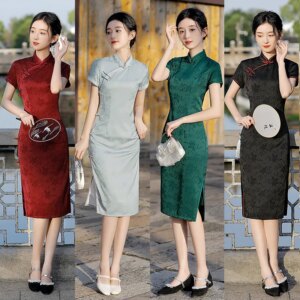 New Chinese Cheongsam Women’s Summer Short Sleeve Solid Color Ethnic Retro Style Dress