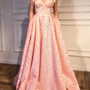 A Line Pink Lace Evening Dress Handmade Embroidered Flowers Long Prom Dress Robe de Soiree with Petals