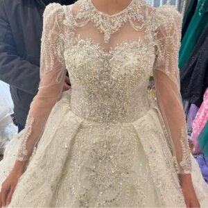 Y&m Luxury Beading Pearls Ball Gown Ivory Wedding Dress Long Sleeve Customized High Neck Appliques Lace Bridal Vestido De Noiva