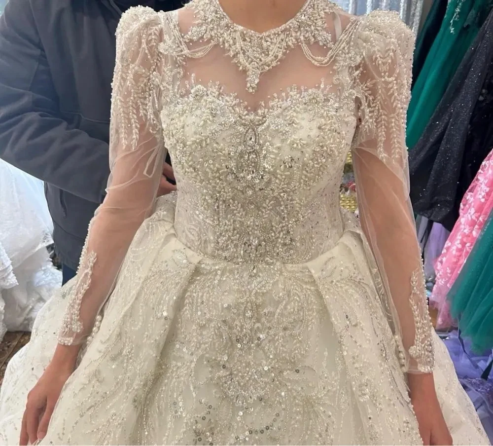 Y&m Luxury Beading Pearls Ball Gown Ivory Wedding Dress Long Sleeve Customized High Neck Appliques Lace Bridal Vestido De Noiva