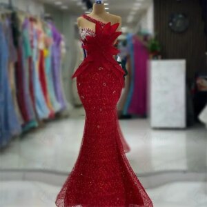 Arabic Elegant Red Evening Dresses 2023 Customize Mermaid Crystals Engagement Party Dress Robe De Soiree Sequins Long Prom Dress