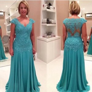 Turquoise Lace Mother of the Bride Dresses Chiffon Mermaid Mom Gowns V-Neck Cap Sleeve Applique Formal Evening Gowns Hot Selling