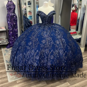 Customized Navy Blue Off The Shoulder Quinceanera Dresses Beads Crystal Ball Gown Wear Lace Up Sweet 16 Vestidos 15 De XV Anos