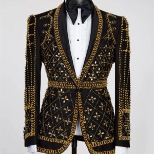 Golden Beaded Men Suits Set 2 Pieces Blazer+Pants Trousers Wedding Tuxedos Jacket Formal Office Cotton Male Red Carpet Coat