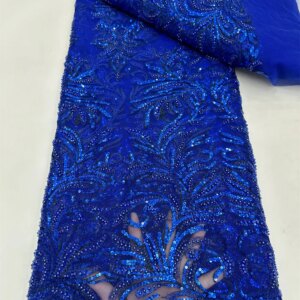 5 Yards Tulle Net African Lace Fabric Bead Lace 2025 High Quality Bule Nigeria Sequin Fabrics for Wedding Evening Dress Sewing