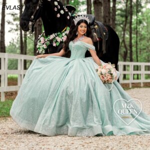 EVLAST Customized Charro Mint Green Quinceanera Dress Ball Gown Shiny Applique Beading Tiered Sweet 16 Vestido De 15 Anos E1Q106