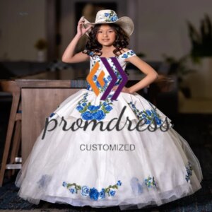 Charro Mexican Flower Girls Dress With Flower 2025 Mariachi Escaramuza Girls Pageant Dress Princess Holy Communion Customized