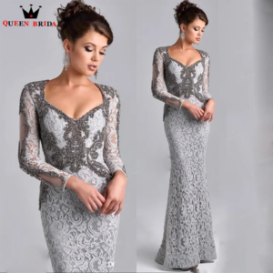 Gray Beaded Lace Mermaid Mother of the Bride Dresses Long Sleeve Appliques Luxury Bride Mother Party Dress Custom Made DT60