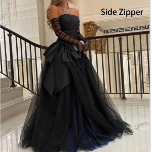 Sexy Black Evening Dresses Saudi Arabia Strapless Side Zipper Sweep Train Prom Dresses Black with Navy Tulle Graduation Dresses
